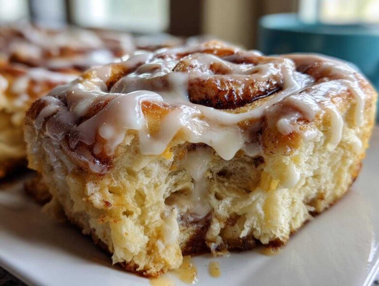Close-up of a soft, fluffy Gluten-Free Cinnamon Roll dripping with white icing.