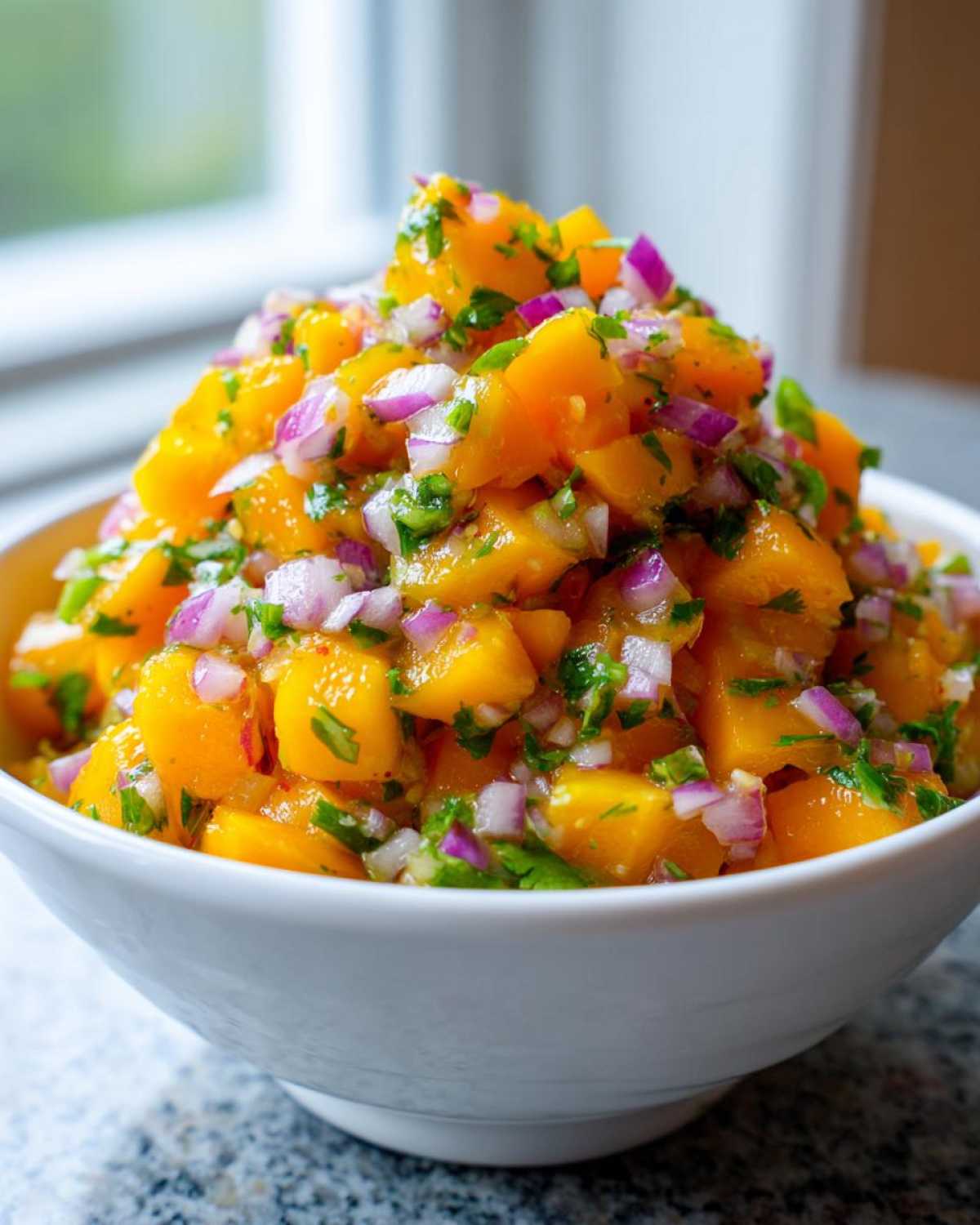A close-up of a heaping mound of fresh Spicy Mango Salsa featuring diced mango, red onion, and cilantro in a white bowl.