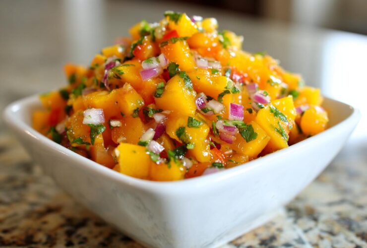Close-up of a white bowl filled with bright orange Spicy Mango Salsa, featuring diced mango, red onion, and cilantro.