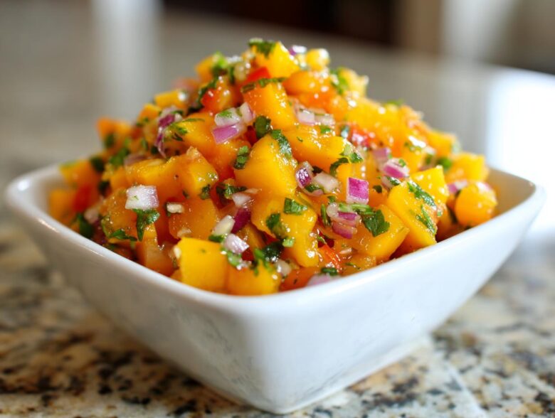 Close-up of a white bowl filled with bright orange Spicy Mango Salsa, featuring diced mango, red onion, and cilantro.