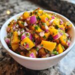 Close-up of a white bowl filled with bright, chunky Spicy Mango Salsa featuring diced mango, red onion, and cilantro.