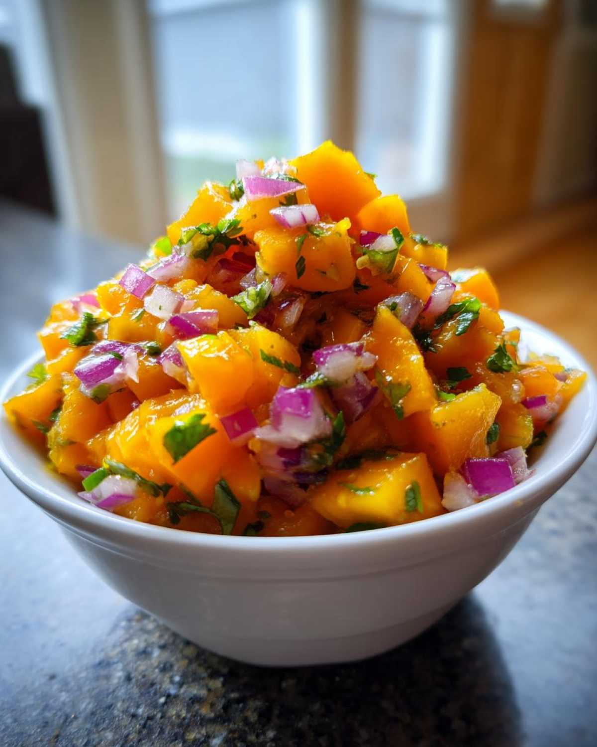 Close-up of vibrant Spicy Mango Salsa featuring diced orange mango, red onion, and cilantro in a small white bowl.