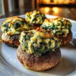 Four baked Spinach and Feta Stuffed Mushrooms piled high with cheesy filling on a white plate.