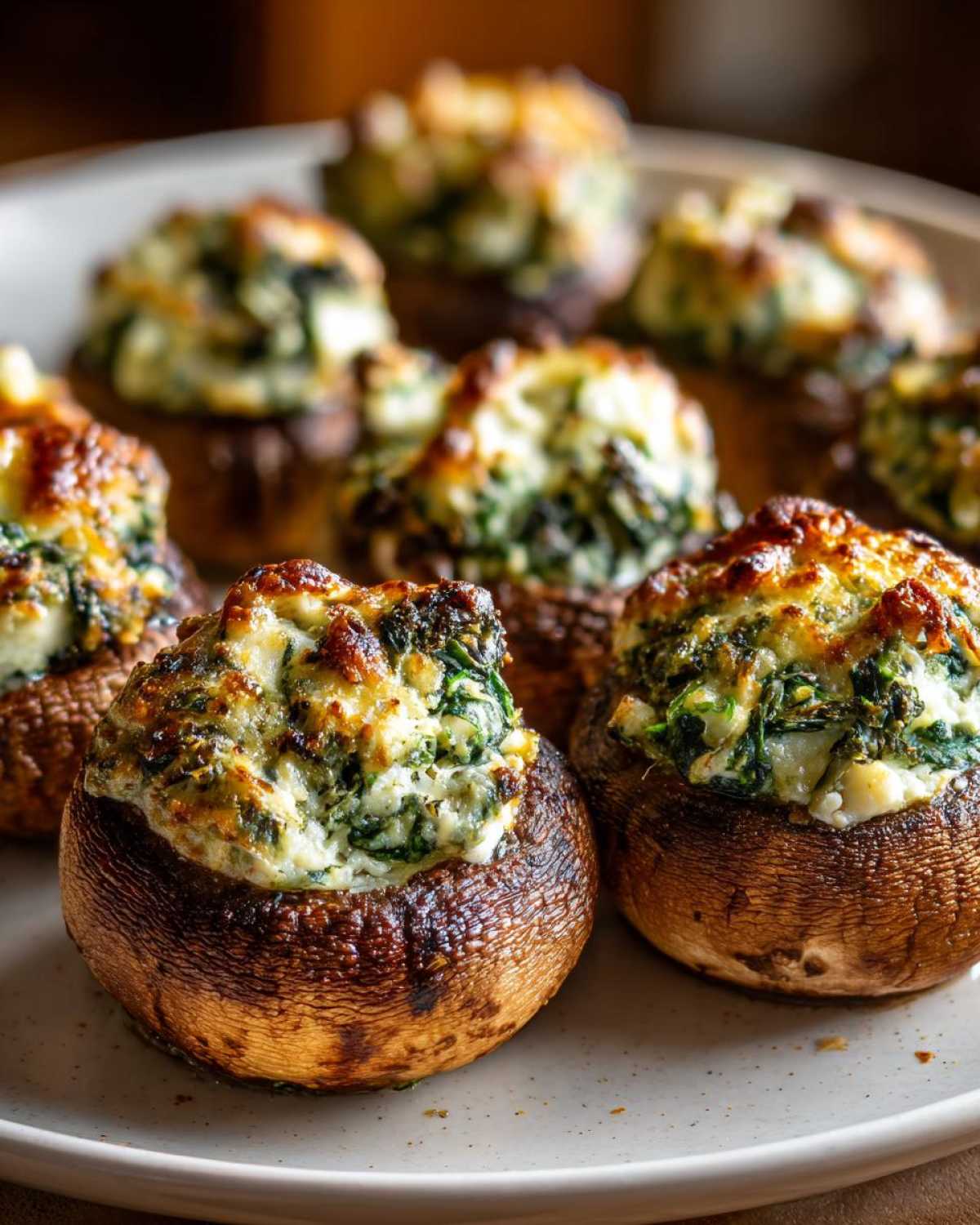 Close-up of baked Spinach and Feta Stuffed Mushrooms with golden, cheesy tops on a light plate.