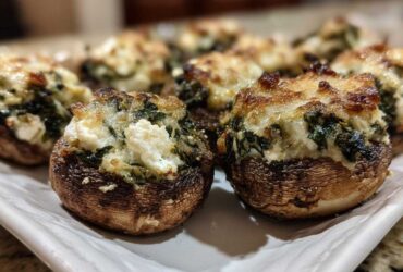 Close-up of baked Spinach and Feta Stuffed Mushrooms with a golden-brown, cheesy top.