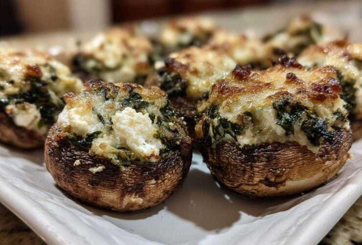 Close-up of baked Spinach and Feta Stuffed Mushrooms with a golden-brown, cheesy top.