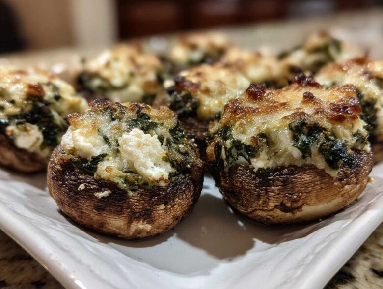 Close-up of baked Spinach and Feta Stuffed Mushrooms with a golden-brown, cheesy top.