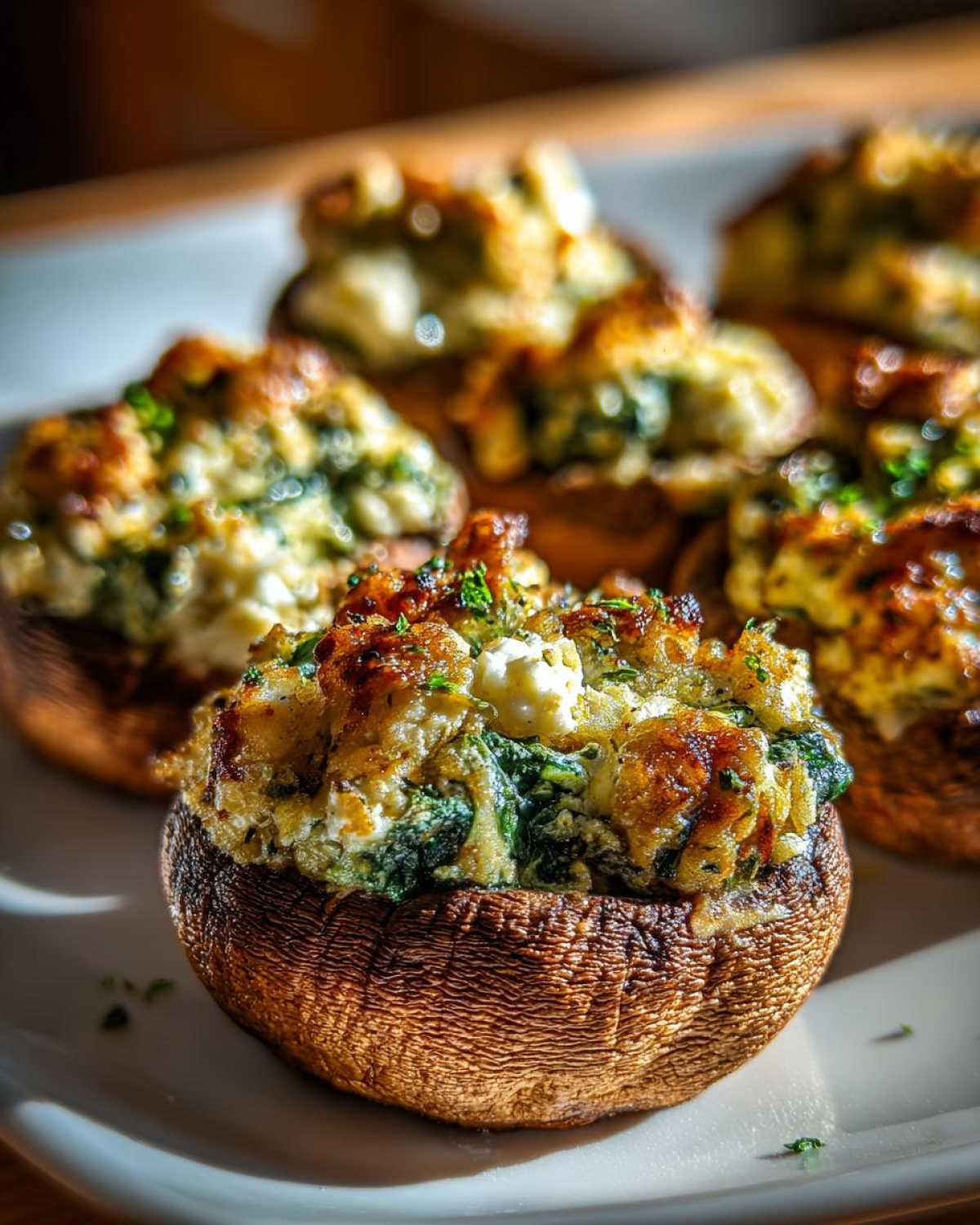 A close-up of baked Spinach and Feta Stuffed Mushrooms, golden brown and topped with melted cheese and herbs.
