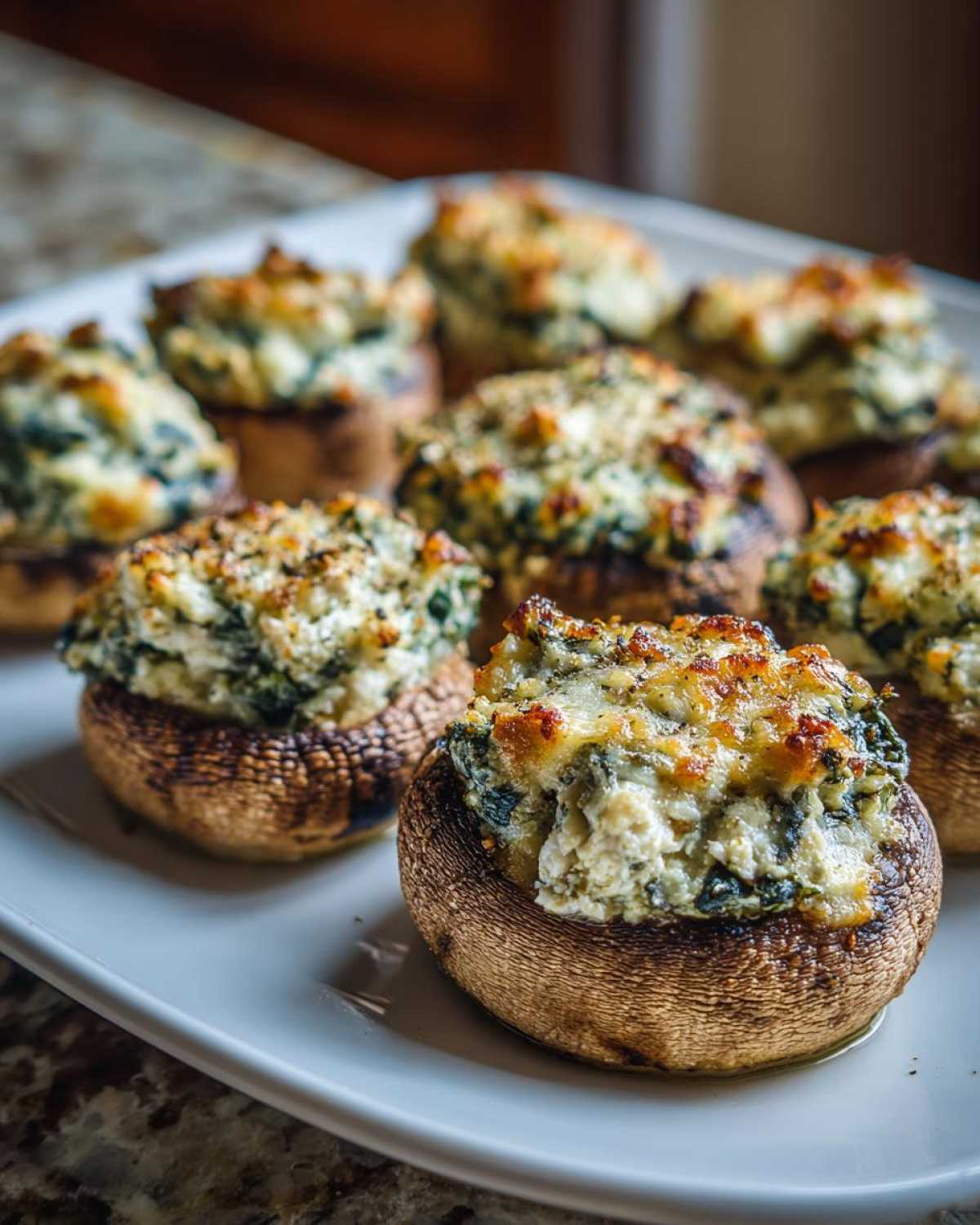 A close-up of baked Spinach and Feta Stuffed Mushrooms served on a white platter.