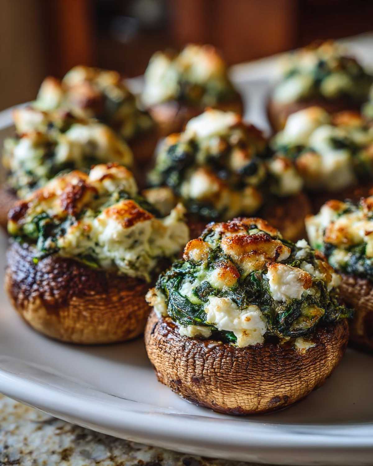 Close-up of baked Spinach and Feta Stuffed Mushrooms with golden-brown tops served on a white platter.