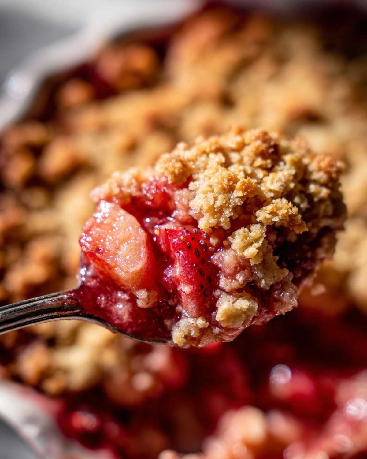 Close-up of a spoonful of warm Strawberry Rhubarb Crisp, showing juicy fruit and crumb topping.