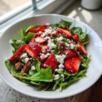 A vibrant bowl of Spring Mix Salad with Strawberries and Goat Cheese, topped with pecans.