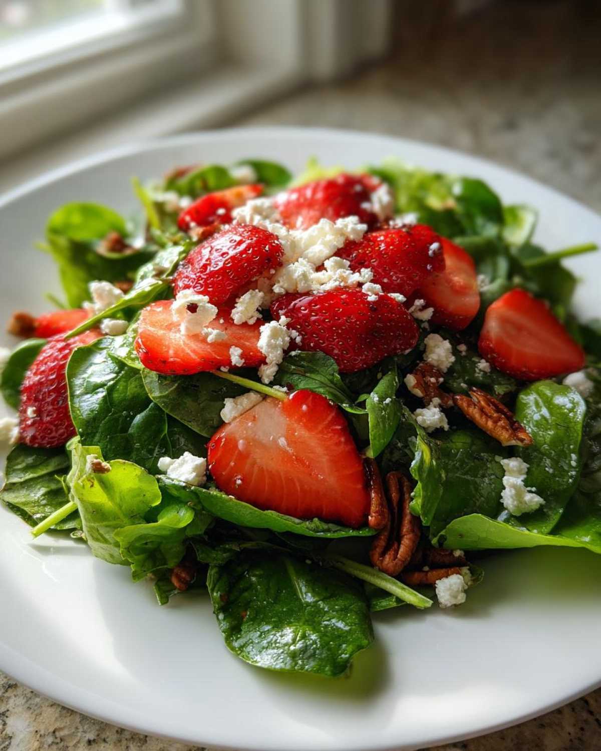 A vibrant Spring Mix Salad with Strawberries and Goat Cheese, featuring pecans on a white plate.