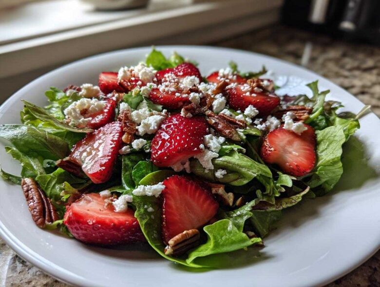 A vibrant bowl of Spring Mix Salad with Strawberries and Goat Cheese, topped with pecans.