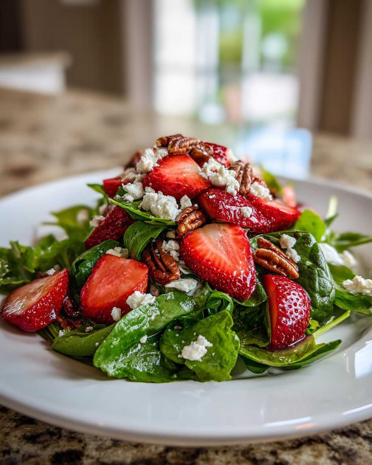 Close-up of a vibrant Spring Mix Salad with Strawberries and Goat Cheese, topped with pecans.