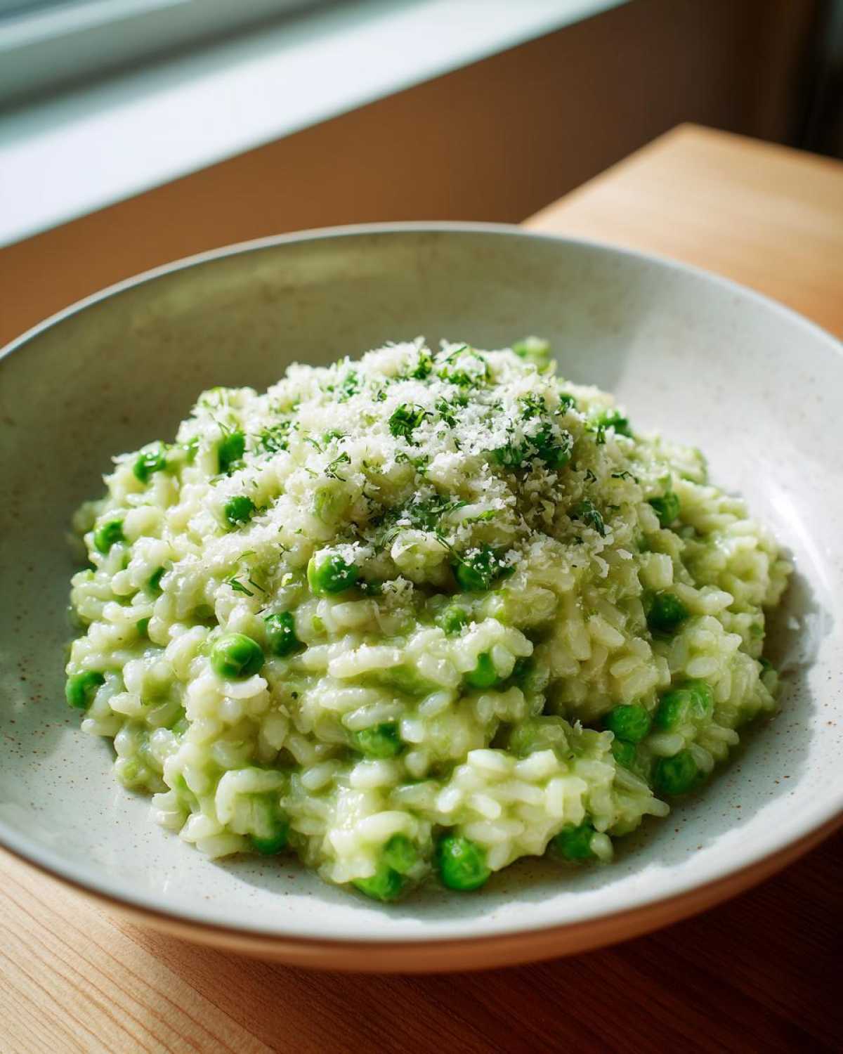 A close-up of creamy Spring Pea and Mint Risotto topped with grated cheese and fresh herbs.