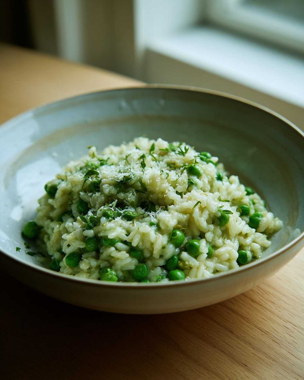 A close-up of creamy Spring Pea and Mint Risotto topped with grated cheese and fresh herbs in a light ceramic bowl.