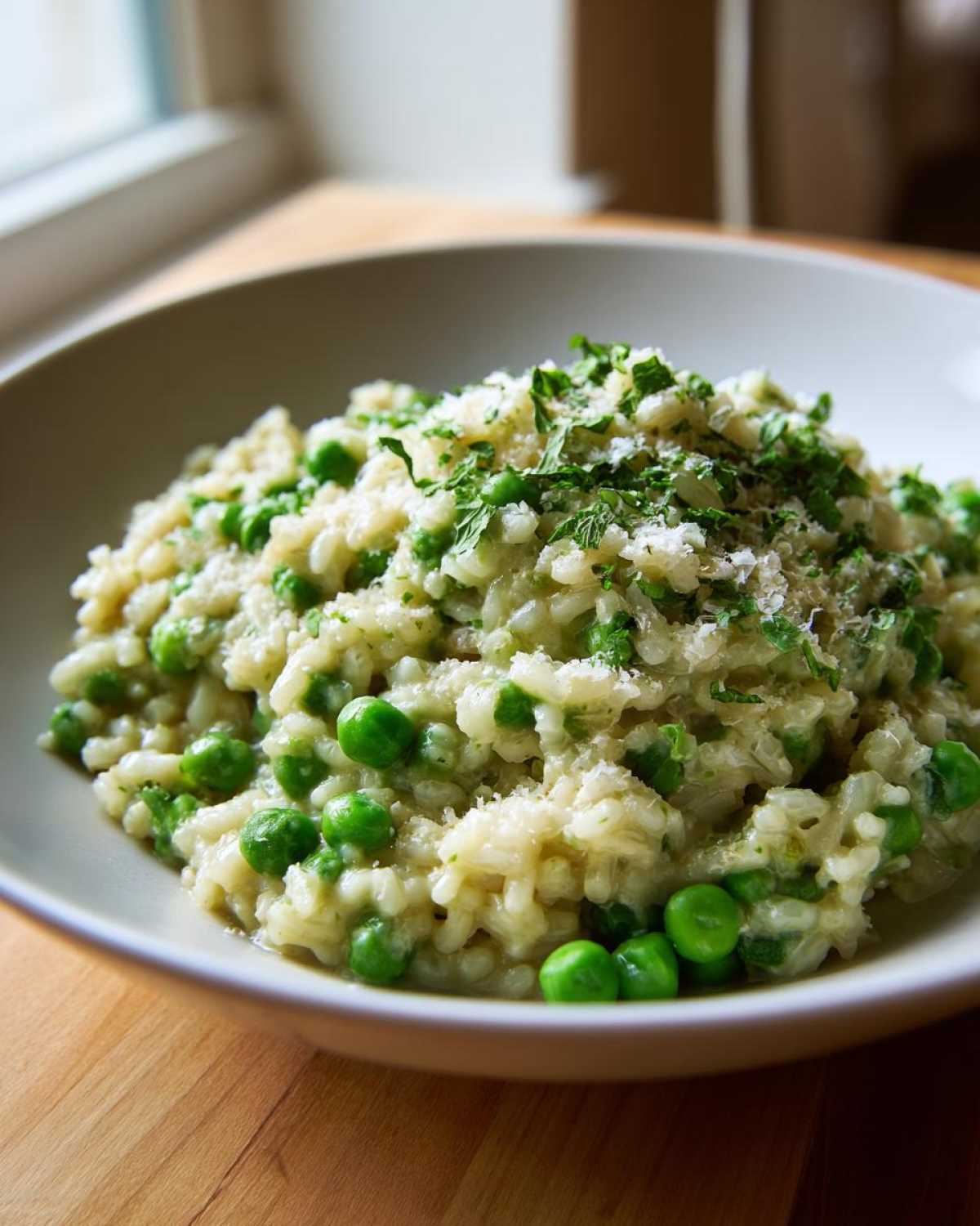 A close-up of creamy Spring Pea and Mint Risotto topped with grated cheese and fresh mint.