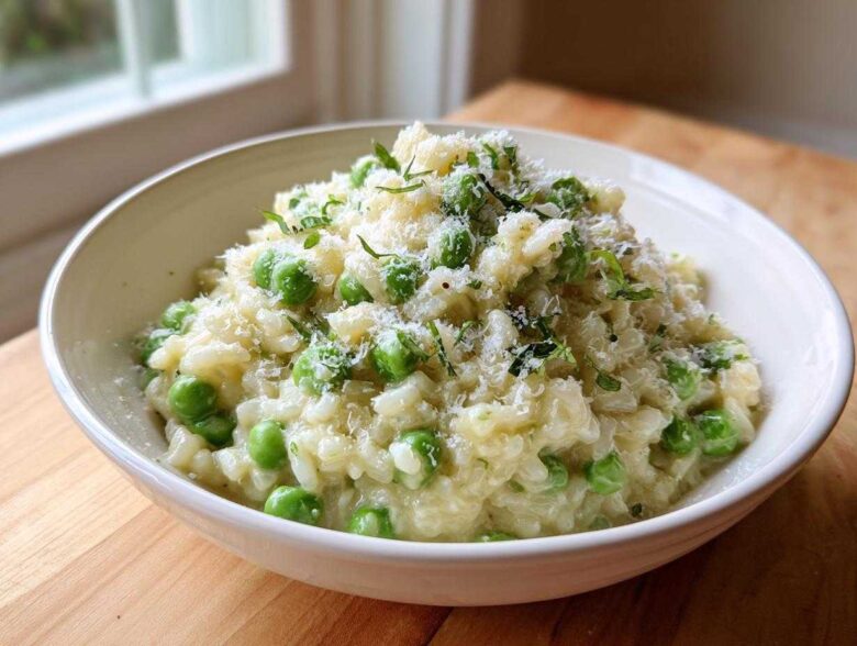 A close-up of creamy Spring Pea and Mint Risotto topped with grated Parmesan cheese and fresh mint.