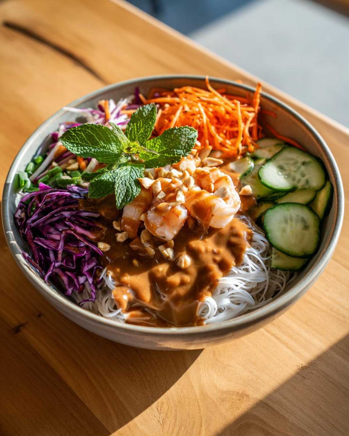 A vibrant Spring Roll Bowl with Peanut Sauce featuring rice noodles, shrimp, shredded carrots, cucumber, and mint.