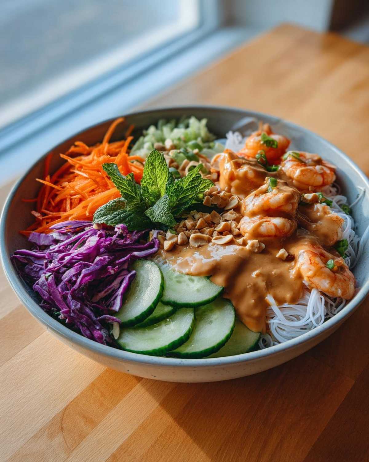 A vibrant Spring Roll Bowl with Peanut Sauce featuring shrimp, rice noodles, shredded carrots, cucumber, and mint.