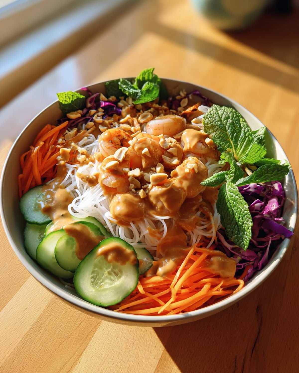 A vibrant Spring Roll Bowl with Peanut Sauce featuring rice noodles, shrimp, carrots, cucumber, and mint.