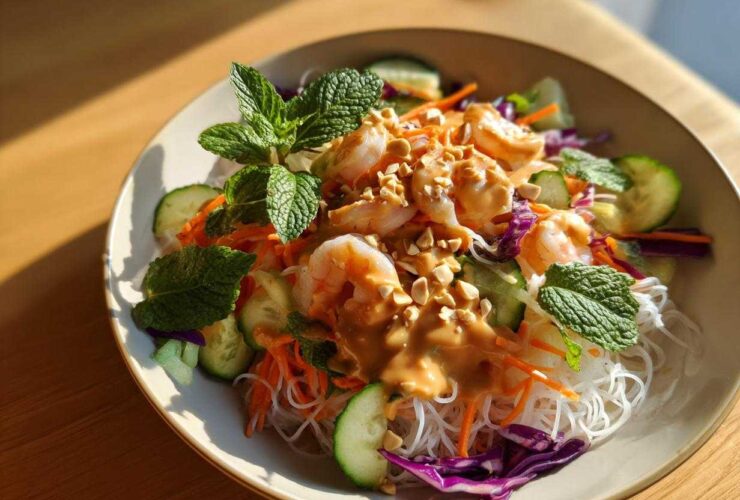 A vibrant Spring Roll Bowl with Peanut Sauce featuring shrimp, rice noodles, cucumber, carrots, and fresh mint.