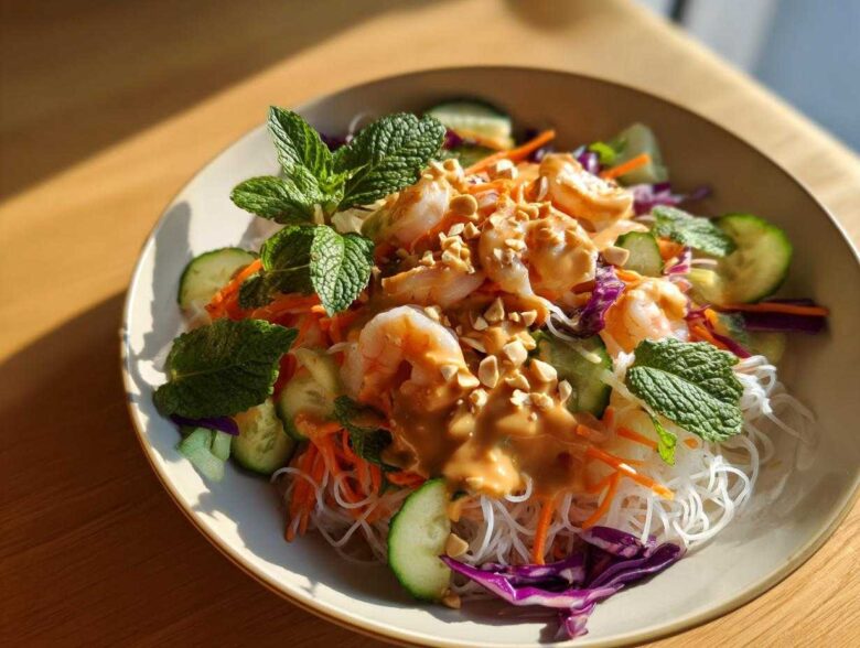 A vibrant Spring Roll Bowl with Peanut Sauce featuring shrimp, rice noodles, cucumber, carrots, and fresh mint.
