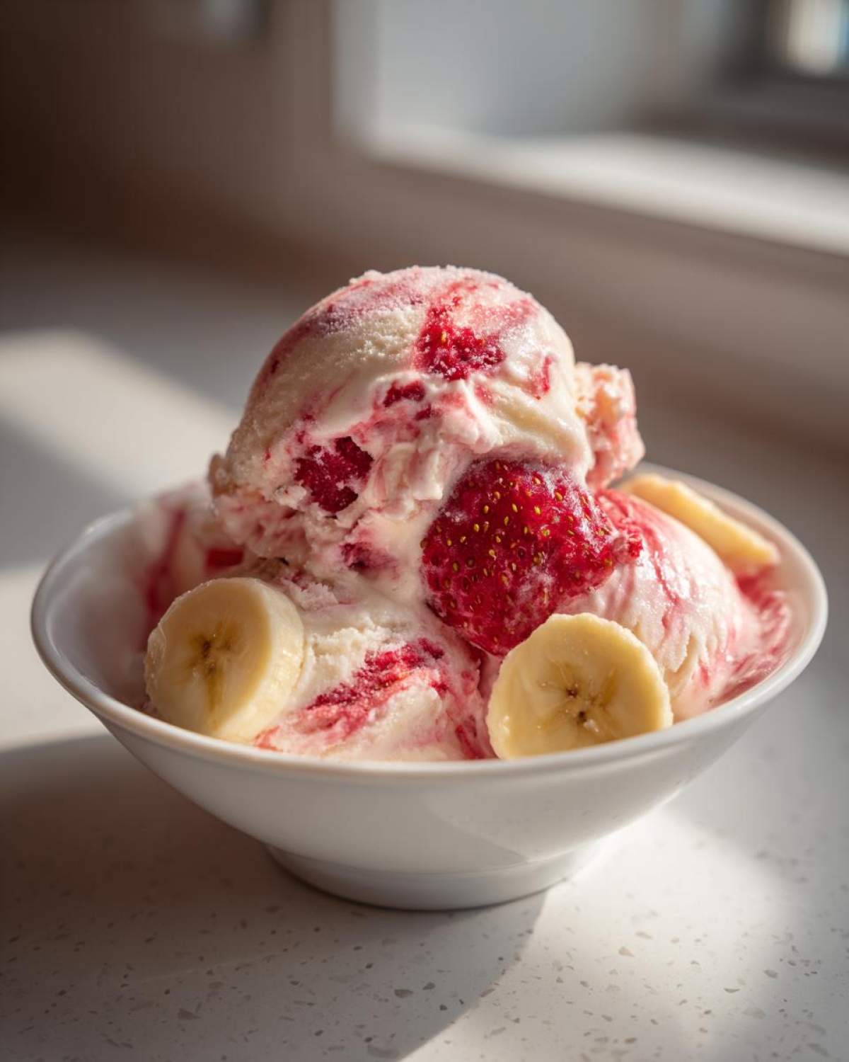 A white bowl filled with scoops of Strawberry Banana Ice Cream swirled with red fruit puree and topped with banana slices.