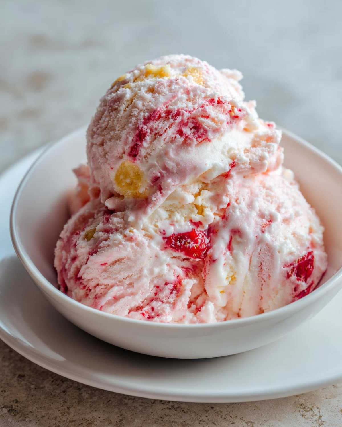 Two scoops of pink and white Strawberry Banana Ice Cream swirled with fruit pieces in a white bowl.