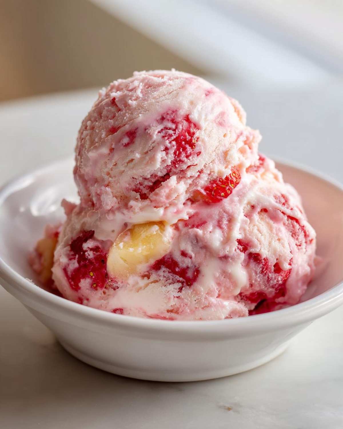 Two scoops of creamy Strawberry Banana Ice Cream loaded with visible chunks of red strawberries and yellow banana slices in a white bowl.