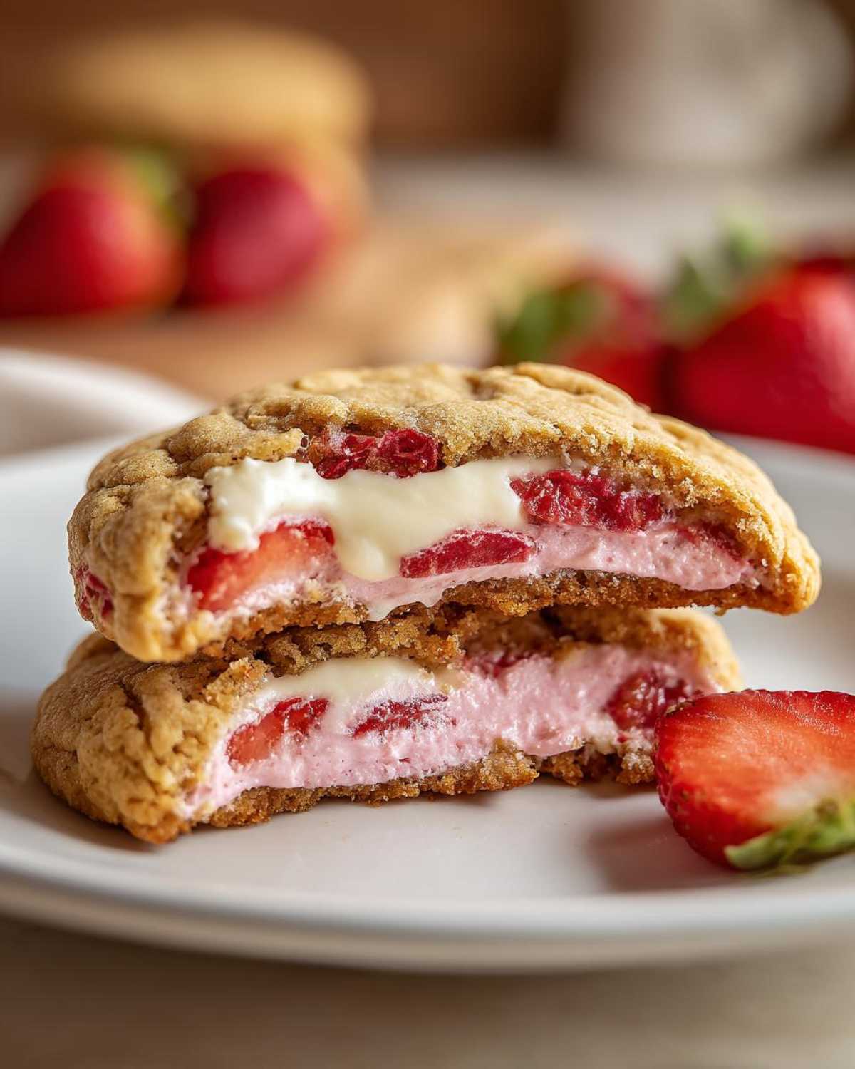 Two halves of a Strawberry Cheesecake Stuffed Cookie showing the creamy pink filling and fresh strawberries inside.