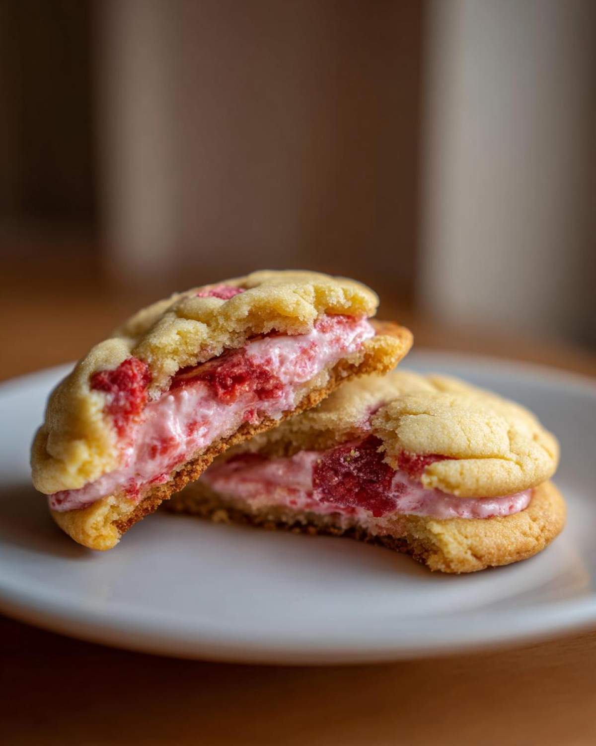 A close-up of Strawberry Cheesecake Stuffed Cookies cut in half, revealing the pink, creamy strawberry filling.