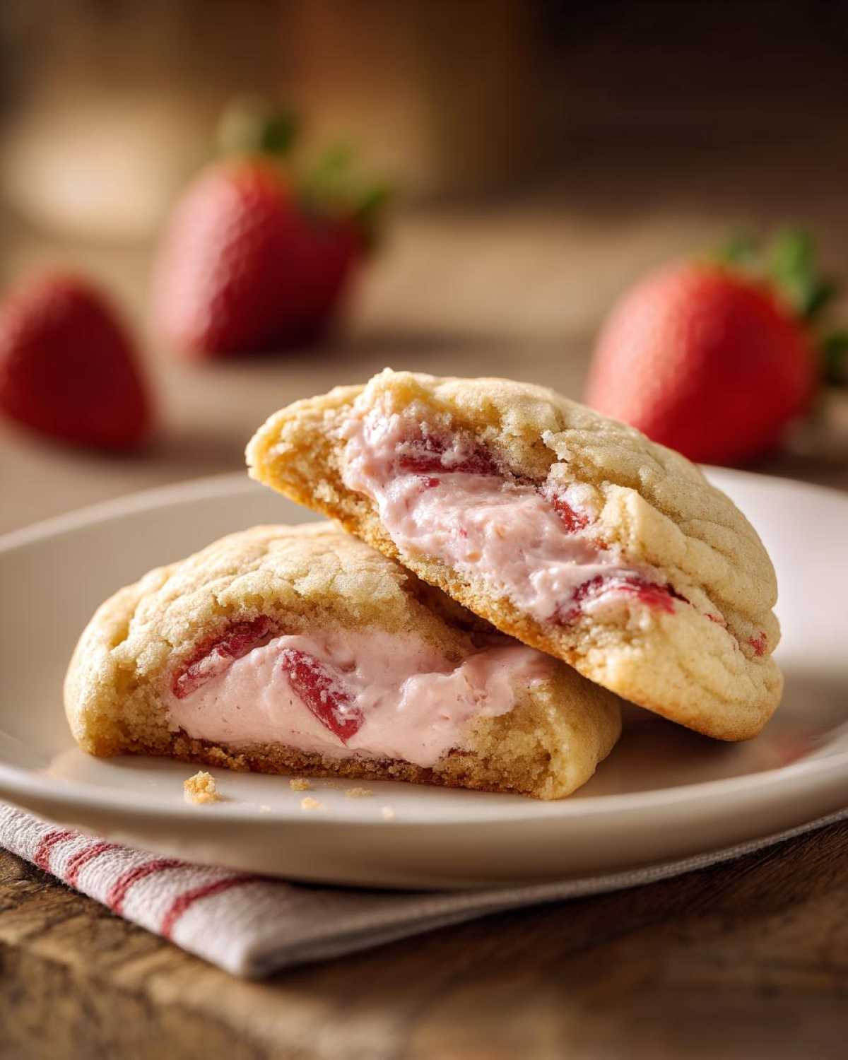 Two halves of a Strawberry Cheesecake Stuffed Cookie showing the creamy pink filling inside.