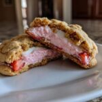 Close-up of Strawberry Cheesecake Stuffed Cookies cut in half showing pink filling and strawberry pieces.