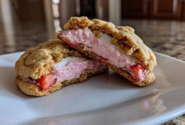 Close-up of Strawberry Cheesecake Stuffed Cookies cut in half showing pink filling and strawberry pieces.