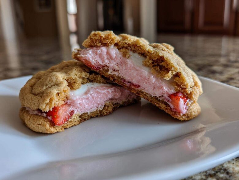 Close-up of Strawberry Cheesecake Stuffed Cookies cut in half showing pink filling and strawberry pieces.