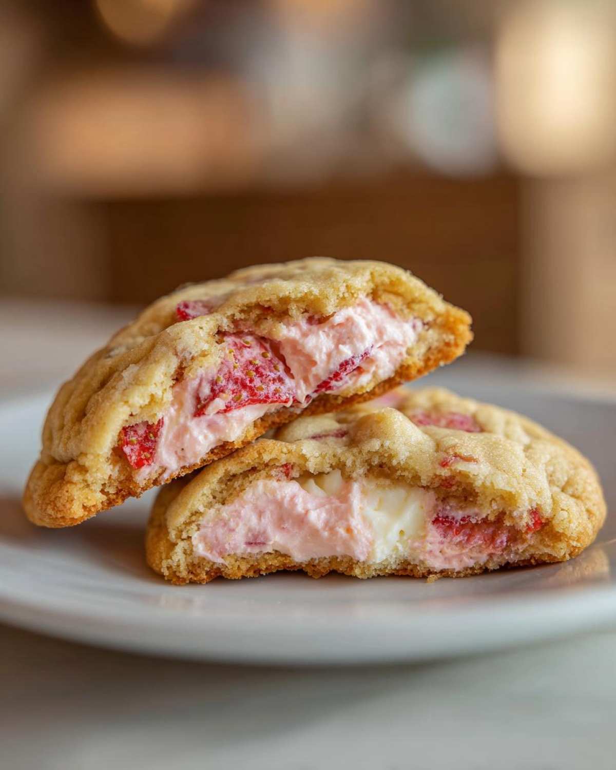 Close-up of a Strawberry Cheesecake Stuffed Cookie cut in half, showing the creamy pink filling and chunks of strawberry.