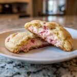 A soft, golden cookie cut in half revealing a creamy pink strawberry cheesecake filling inside. Perfect Strawberry Cheesecake Stuffed Cookies.