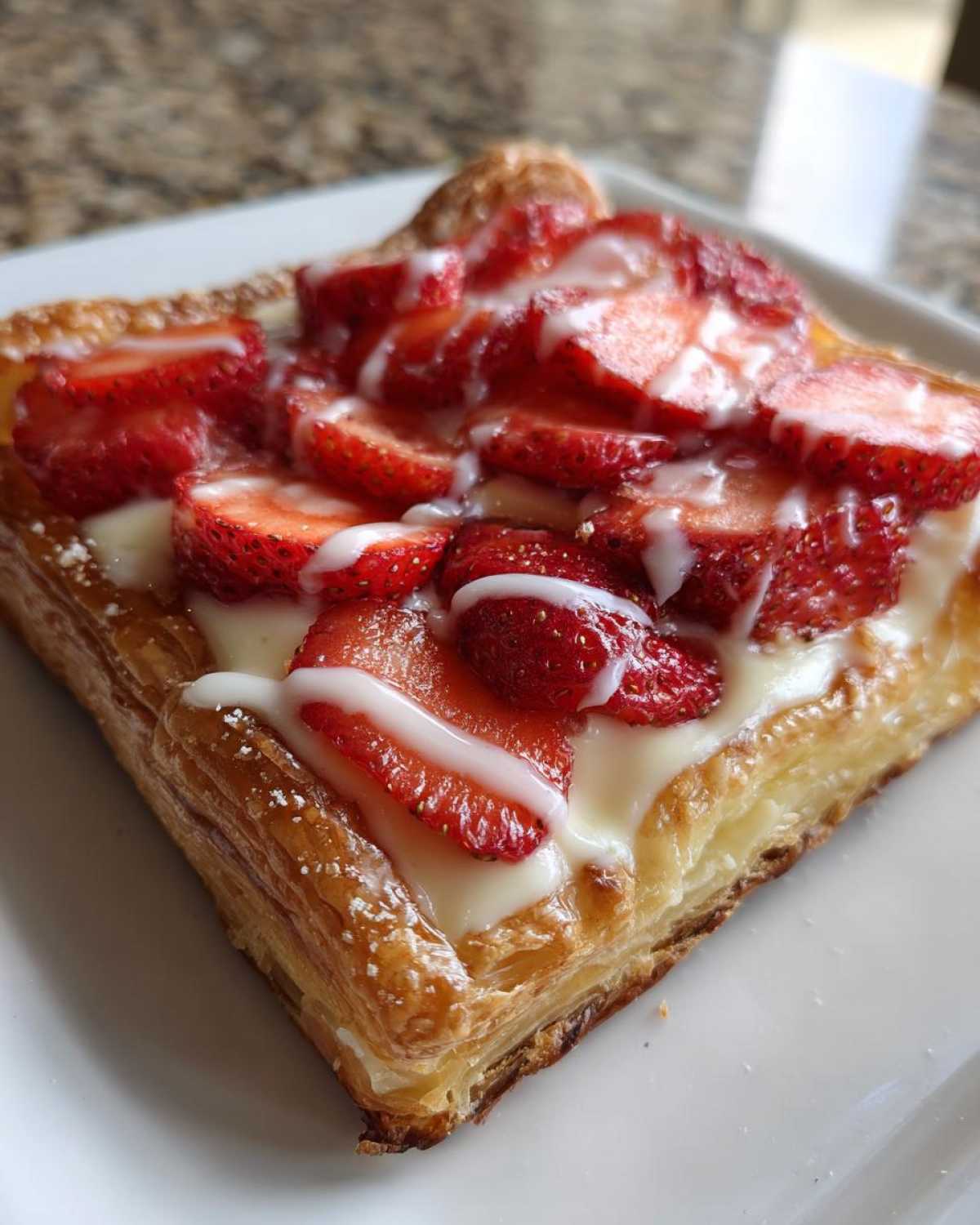 A close-up of a flaky Strawberry Cream Cheese Danish topped with sliced strawberries, cream cheese filling, and white icing drizzle.