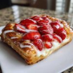 A close-up of a flaky Strawberry Cream Cheese Danish topped with fresh strawberries and white icing.