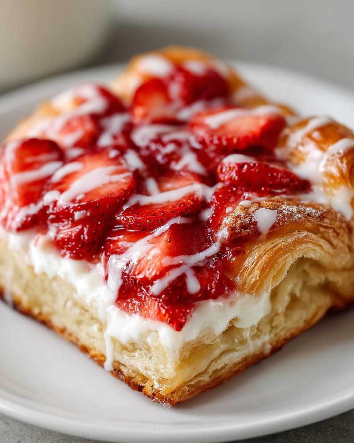 Close-up of a square Strawberry Cream Cheese Danish with flaky pastry, cream cheese filling, and strawberry topping with white glaze.