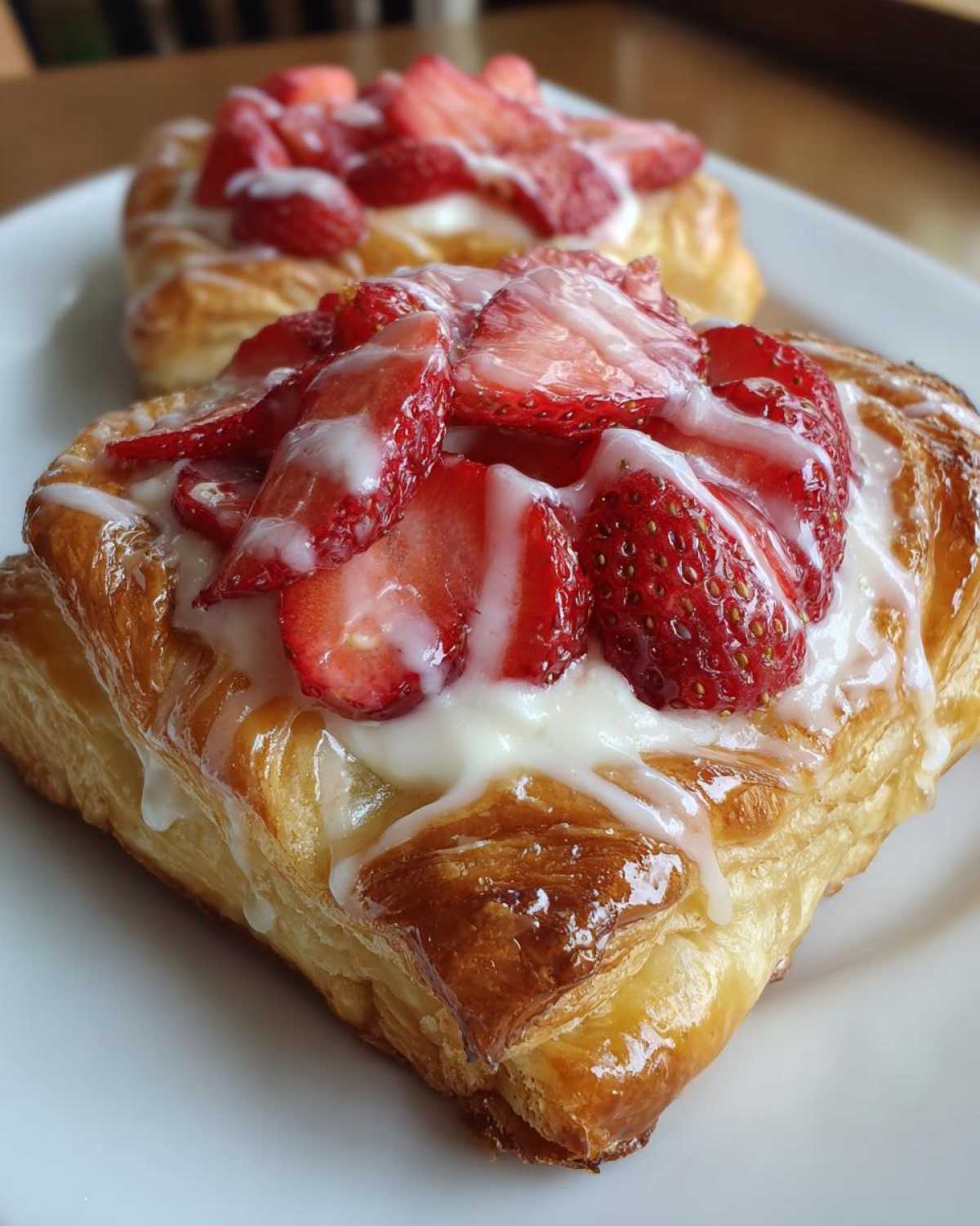 Close-up of a flaky Strawberry Cream Cheese Danish topped with sliced strawberries and white icing drizzle.