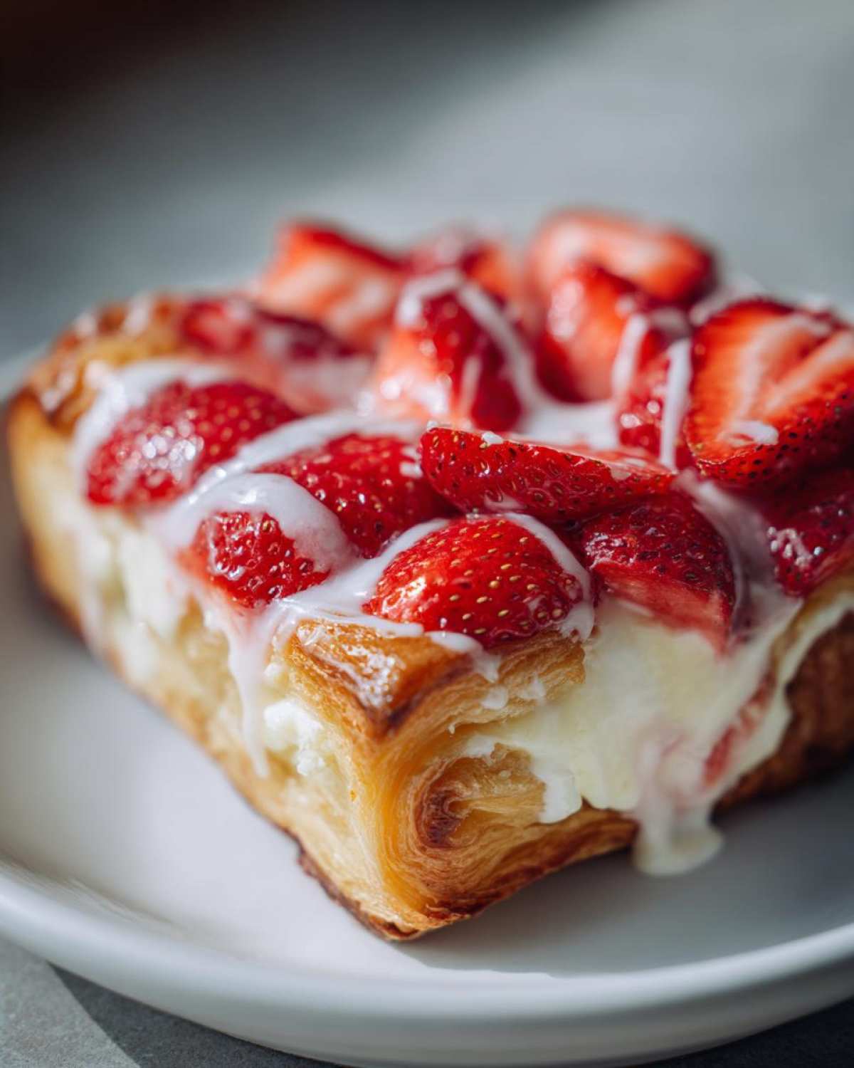 A close-up of a flaky Strawberry Cream Cheese Danish topped with sliced strawberries and white glaze.