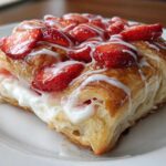 A close-up of a flaky Strawberry Cream Cheese Danish topped with sliced strawberries and white icing drizzle.