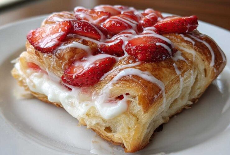 A close-up of a flaky Strawberry Cream Cheese Danish topped with sliced strawberries and white icing drizzle.