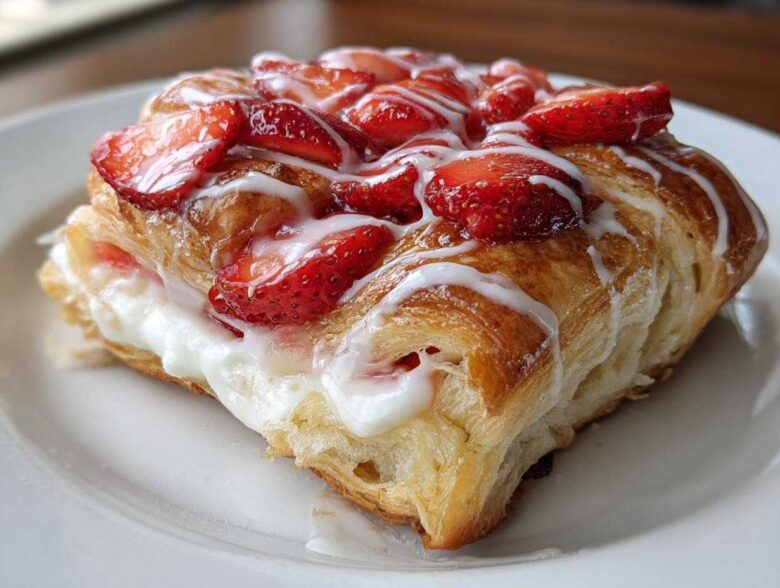 A close-up of a flaky Strawberry Cream Cheese Danish topped with sliced strawberries and white icing drizzle.