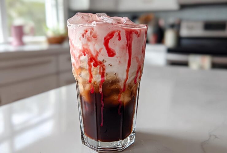 A tall glass filled with layers of dark cold brew coffee, creamy foam, and bright red strawberry syrup drizzle, making a Strawberry Cream Cold Brew.