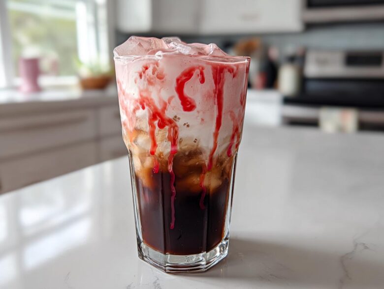 A tall glass filled with layers of dark cold brew coffee, creamy foam, and bright red strawberry syrup drizzle, making a Strawberry Cream Cold Brew.