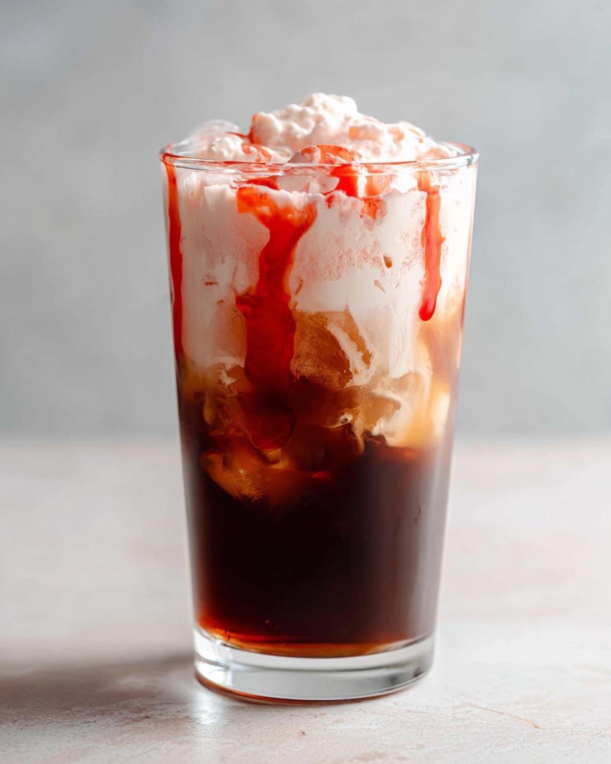 A tall glass filled with Strawberry Cream Cold Brew, featuring dark coffee, ice, and a thick layer of whipped cream drizzled with strawberry syrup.